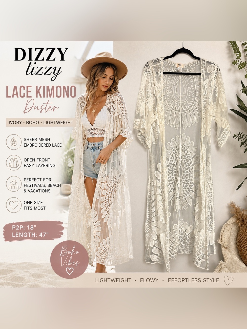Dizzy Lizzy Ivory Lace Mesh Long Kimono Duster Cover Up Boho Festival One Size